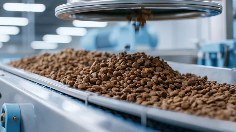 Dry pet food kibble moving along a stainless steel conveyor belt in a factory