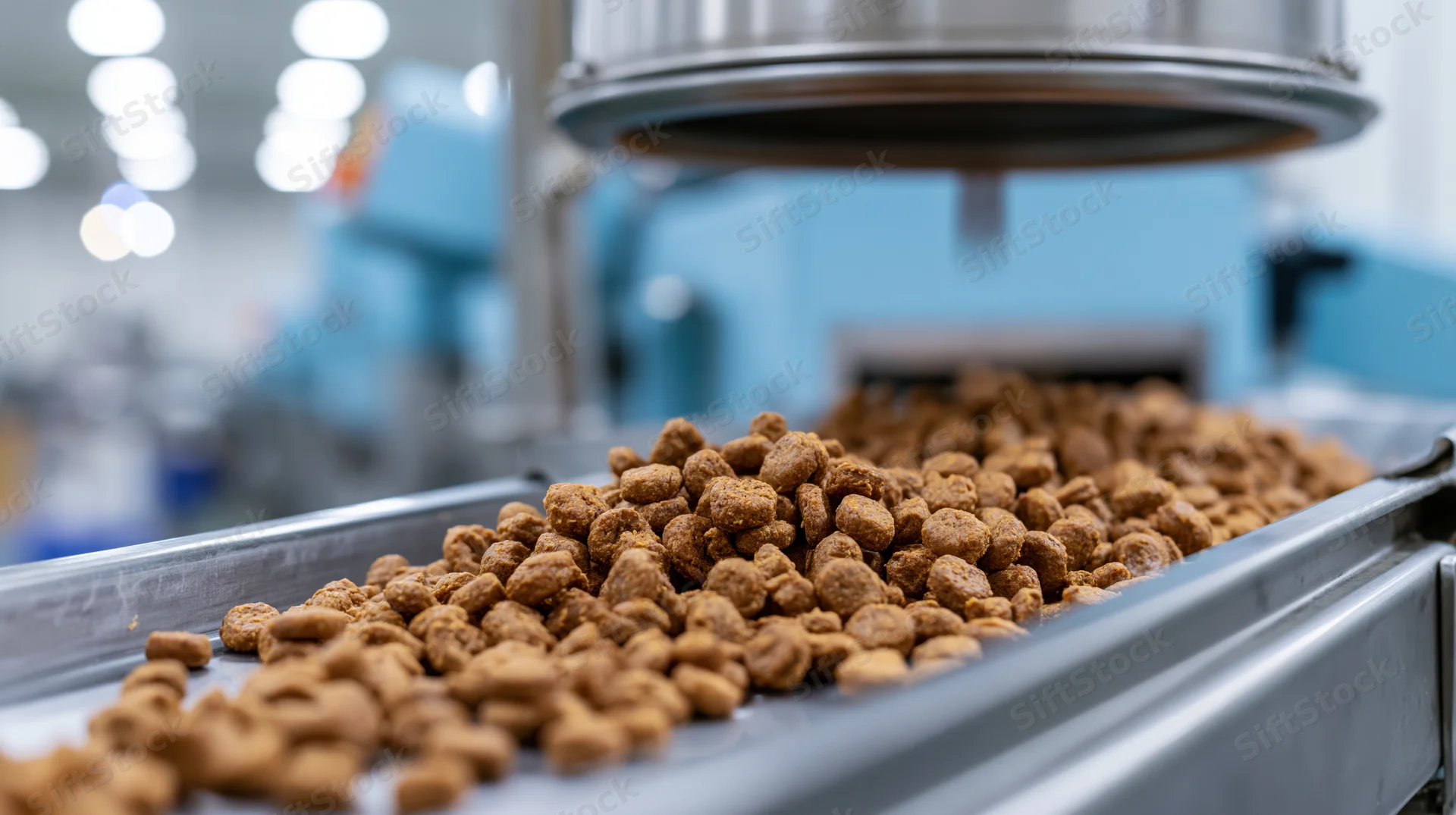 Dry pet food kibble moving along a stainless steel conveyor in a factory