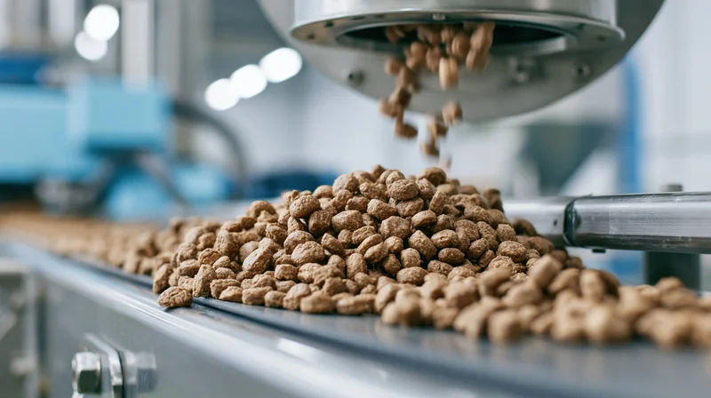 Dry pet food kibble falling onto a stainless steel conveyor belt in a factory