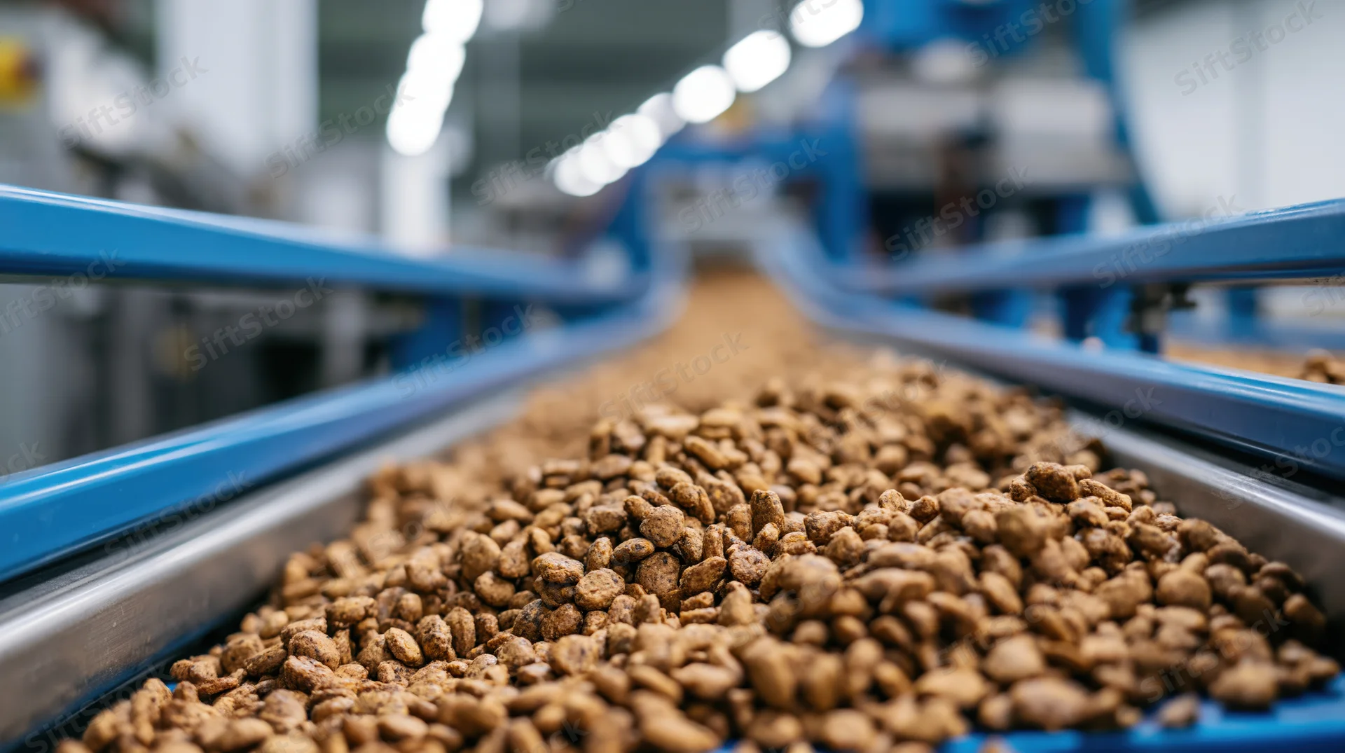 Dry pet food kibble moving along an industrial conveyor belt in a factory setting
