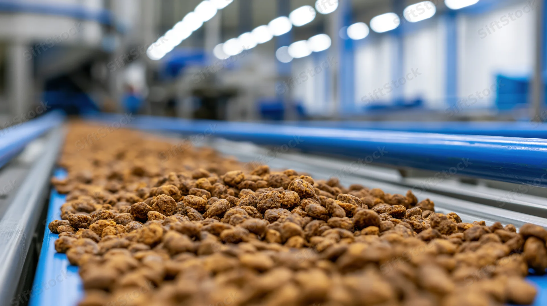 Dry pet food kibble moving along an industrial conveyor belt in a factory