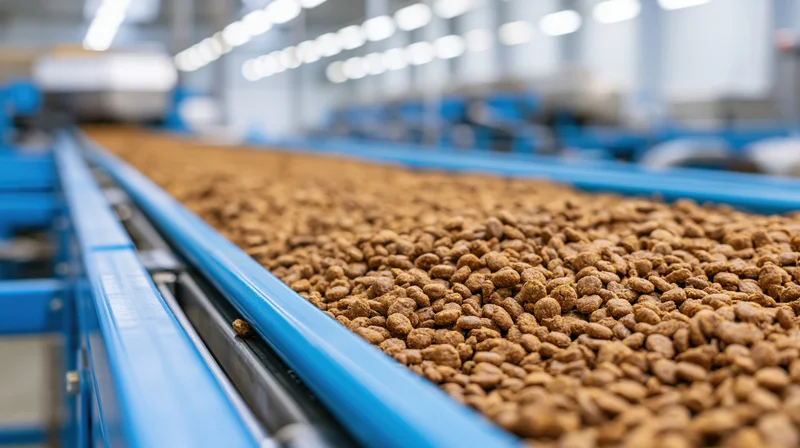 Dry pet food kibble moving along an industrial conveyor belt in a factory