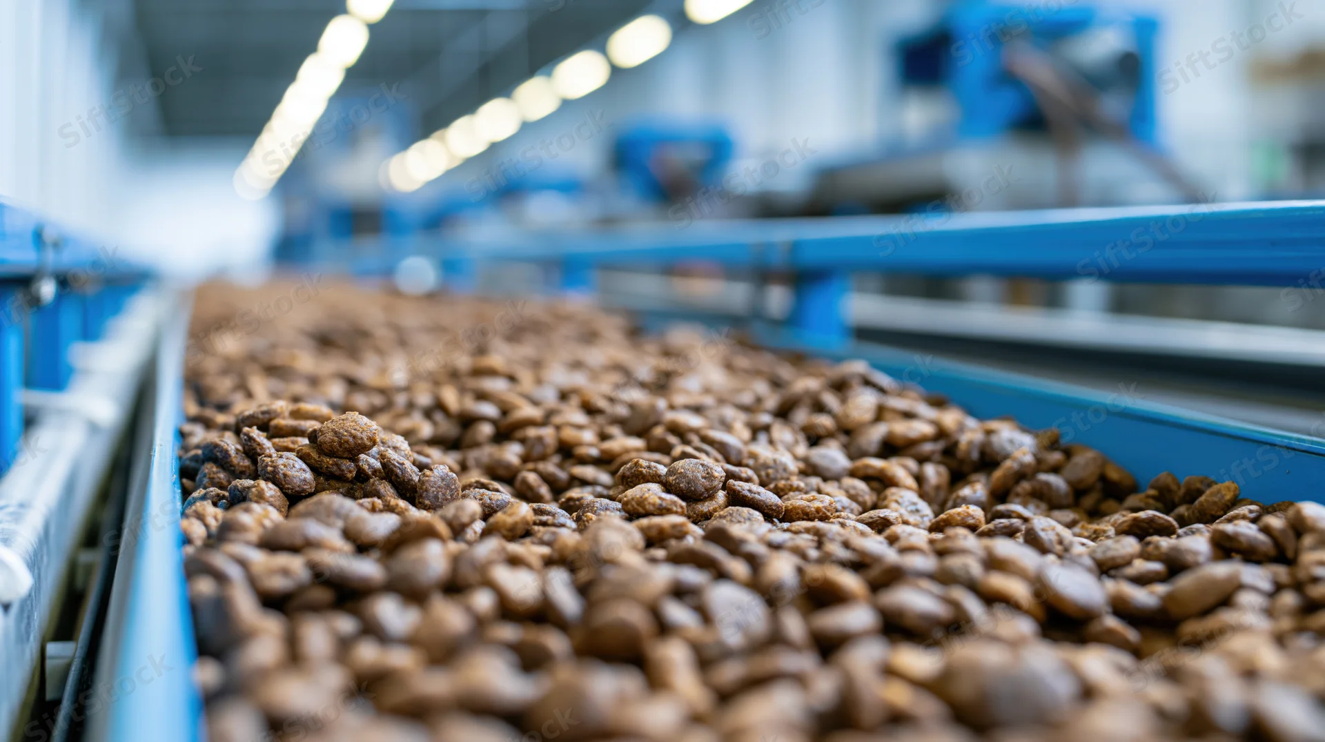 Dry pet food kibble moving along an industrial conveyor belt in a factory