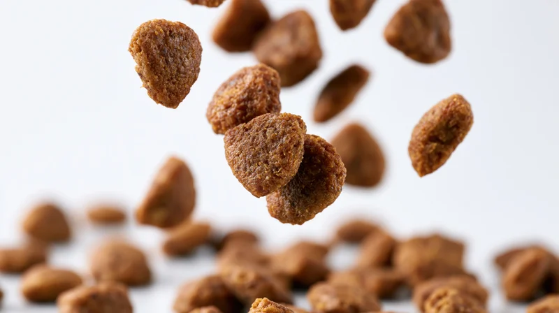 Dry pet food kibble pieces falling midair against white background