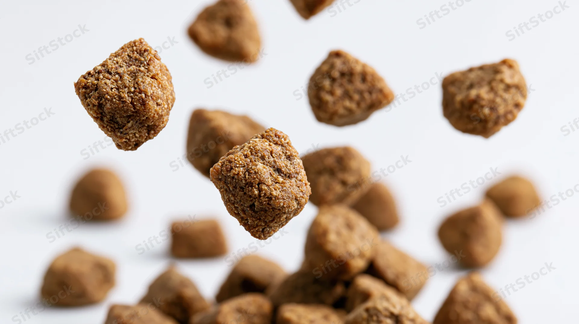 Dry pet food kibble pieces falling midair against white background