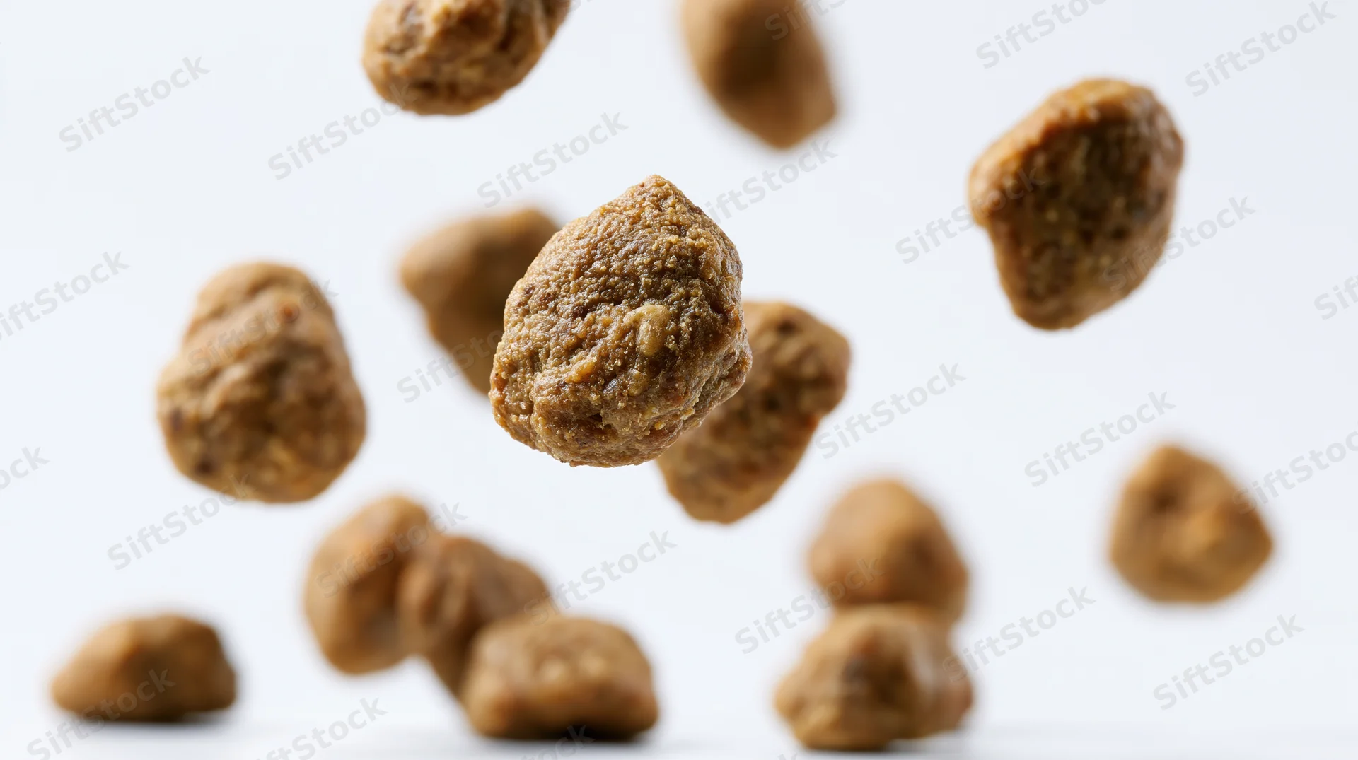 Dry pet food kibble pieces falling midair against white background