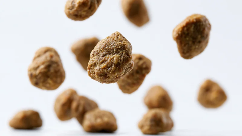 Dry pet food kibble pieces falling midair against white background