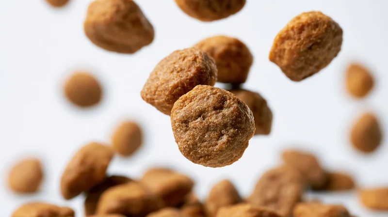 Dry pet food kibble pieces falling midair against white background