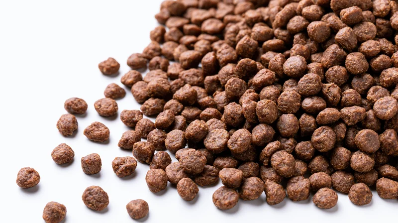 Dry pet food kibble scattered diagonally across white surface