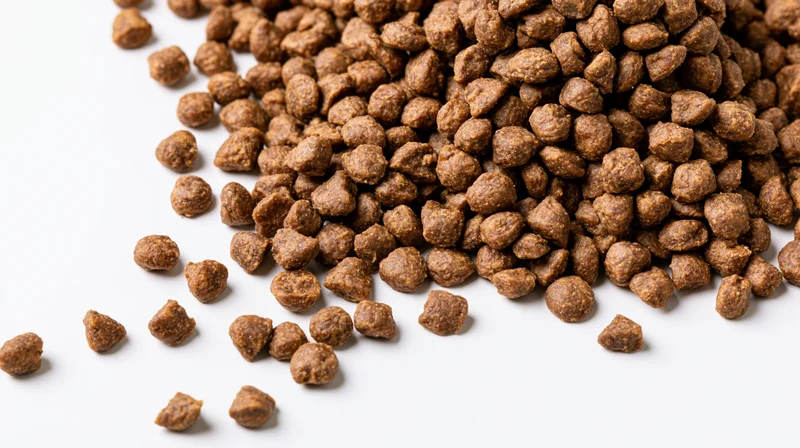 Dry pet food kibble scattered diagonally across white background