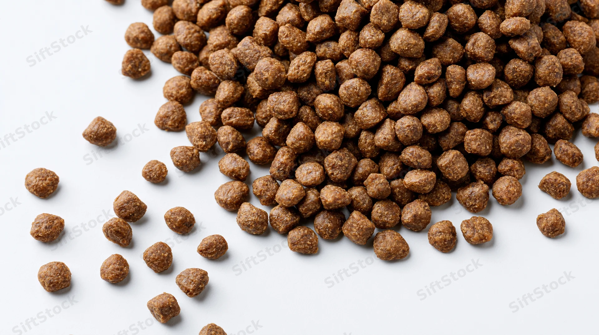 Dry pet food kibble scattered diagonally across white surface