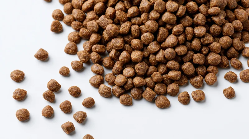 Dry pet food kibble scattered diagonally across white surface