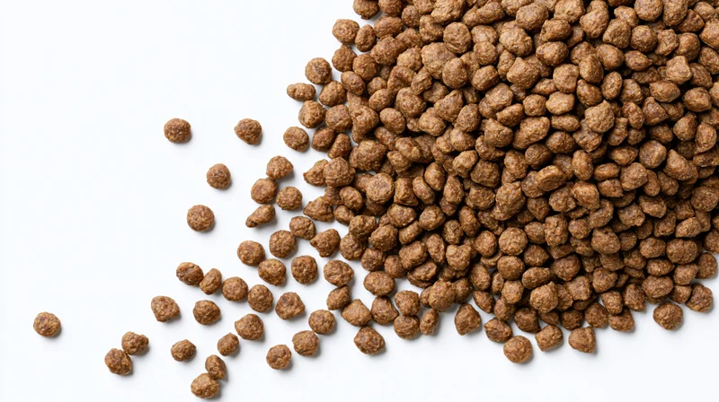 Dry pet food kibble scattered diagonally across white background