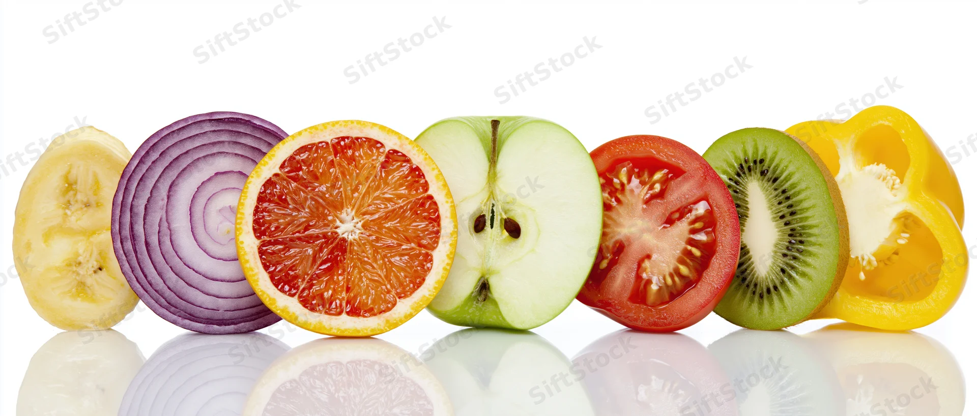 Cross-sections of fruit and vegetables arranged in a row on a reflective white surface