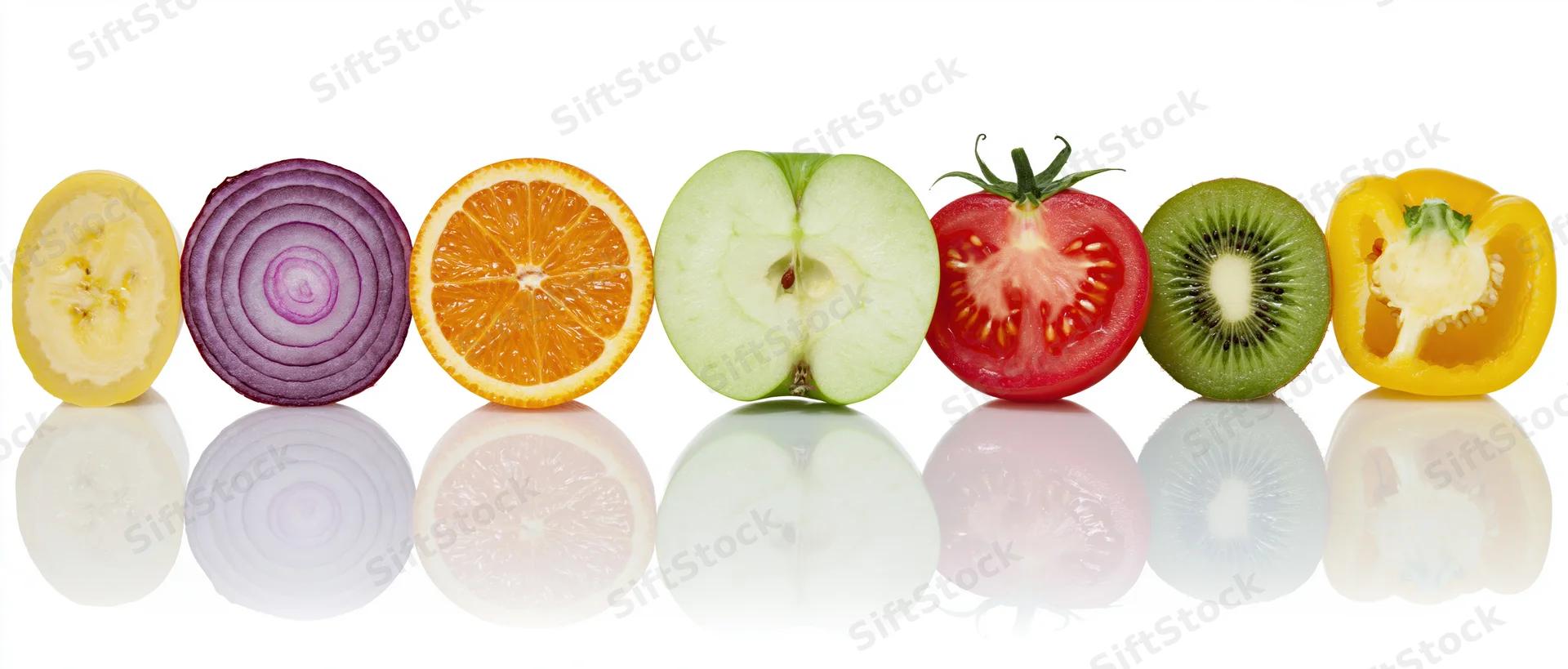 Eight fruit and vegetable cross-sections arranged in a row on a reflective white surface