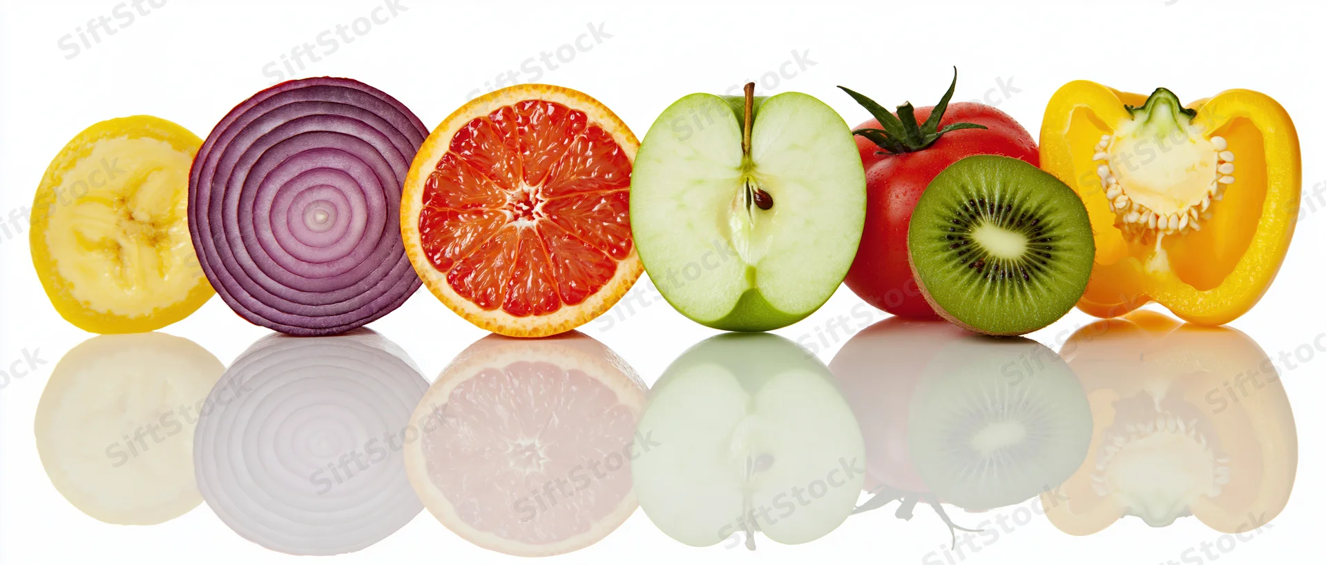Row of sliced fruits and vegetables on reflective white surface