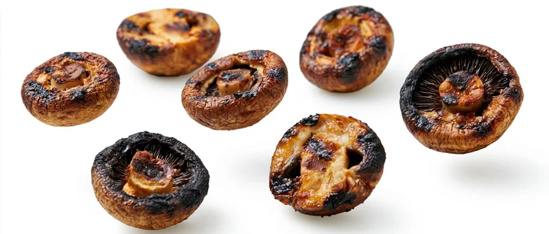 Grilled cremini mushroom halves floating mid-air against white background