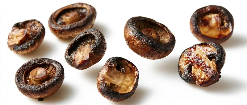 Grilled cremini mushroom halves scattered mid-air on white background