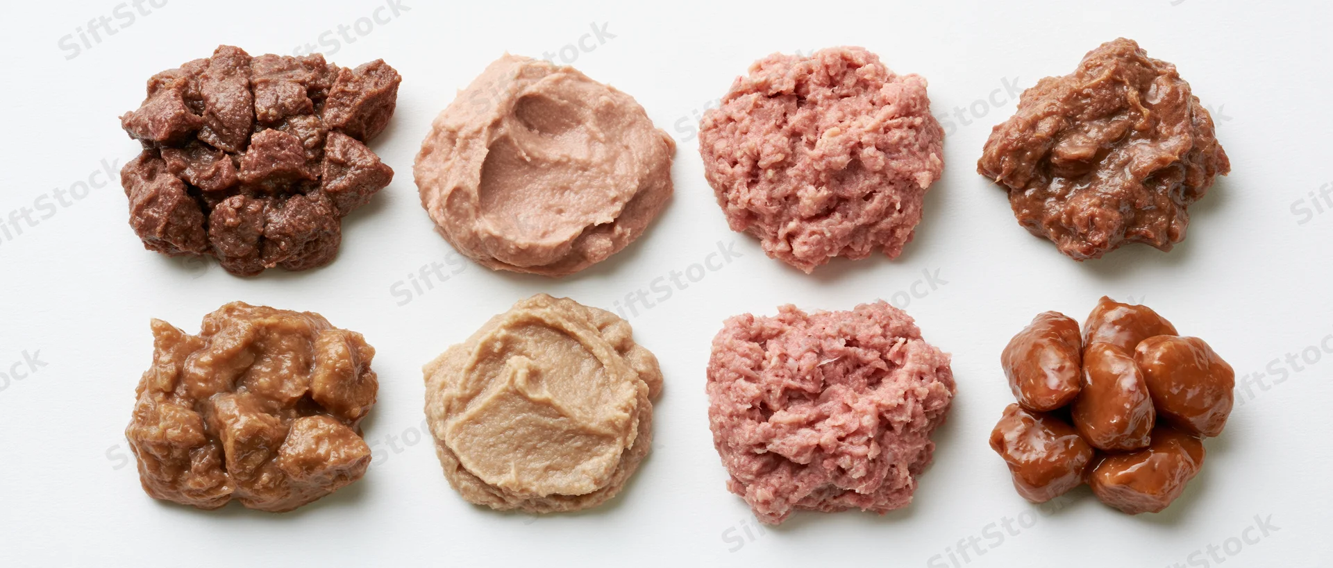 Eight portions of wet pet food arranged in two rows on white background