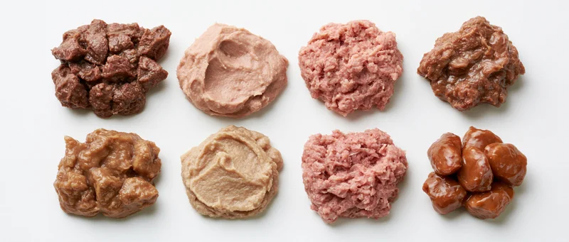 Eight portions of wet pet food arranged in two rows on white background
