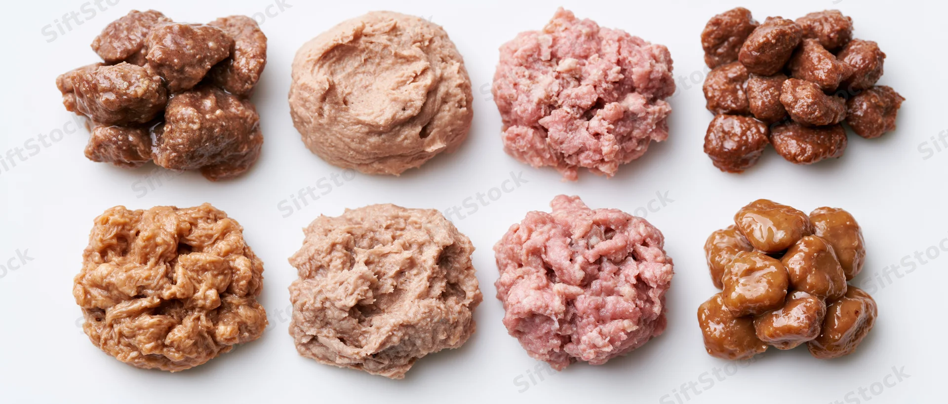 Eight portions of wet pet food arranged in two rows on white background