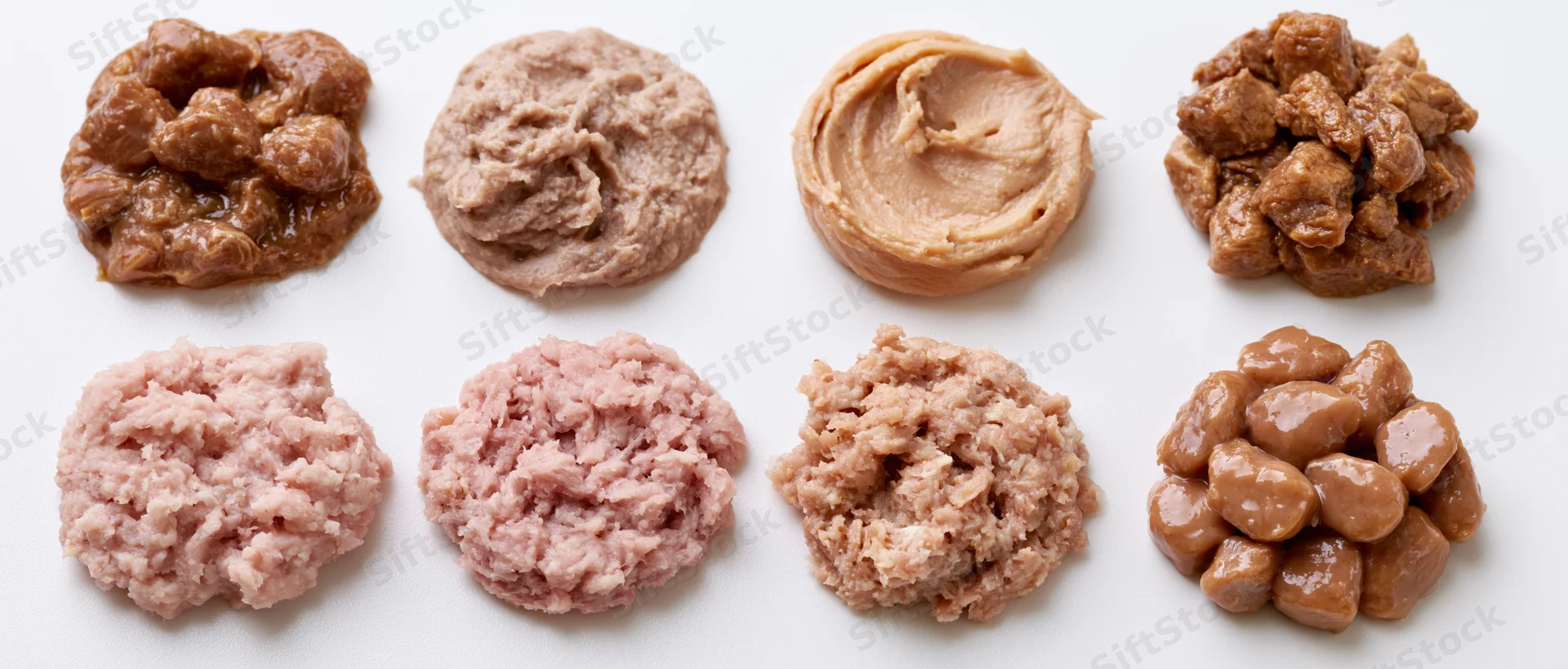 Eight portions of wet pet food arranged in two rows on white background