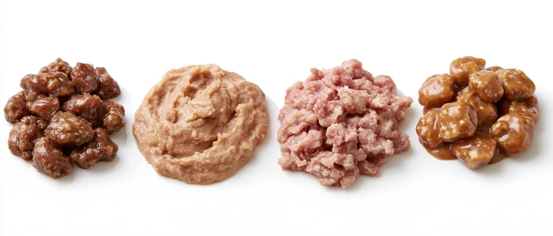 Four portions of wet pet food in different textures arranged in a row on white background