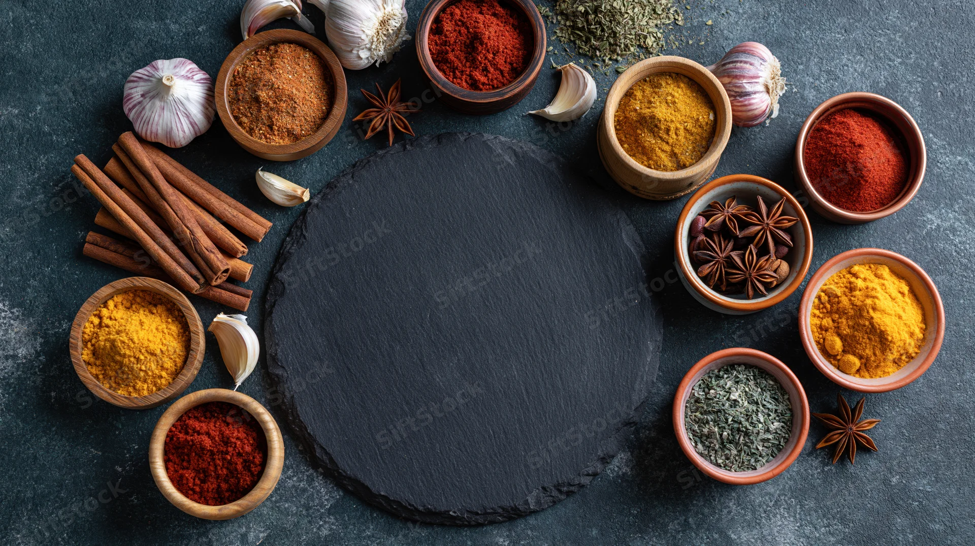 Black slate board centered on dark stone surface surrounded by various spices in wooden and ceramic bowls