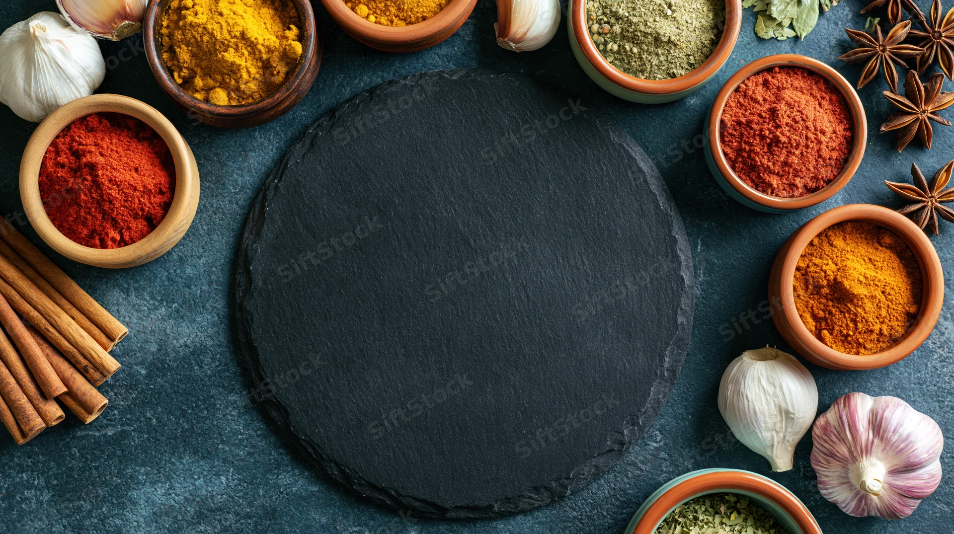 Black slate board centered on dark stone surface surrounded by spices and garlic in ceramic bowls