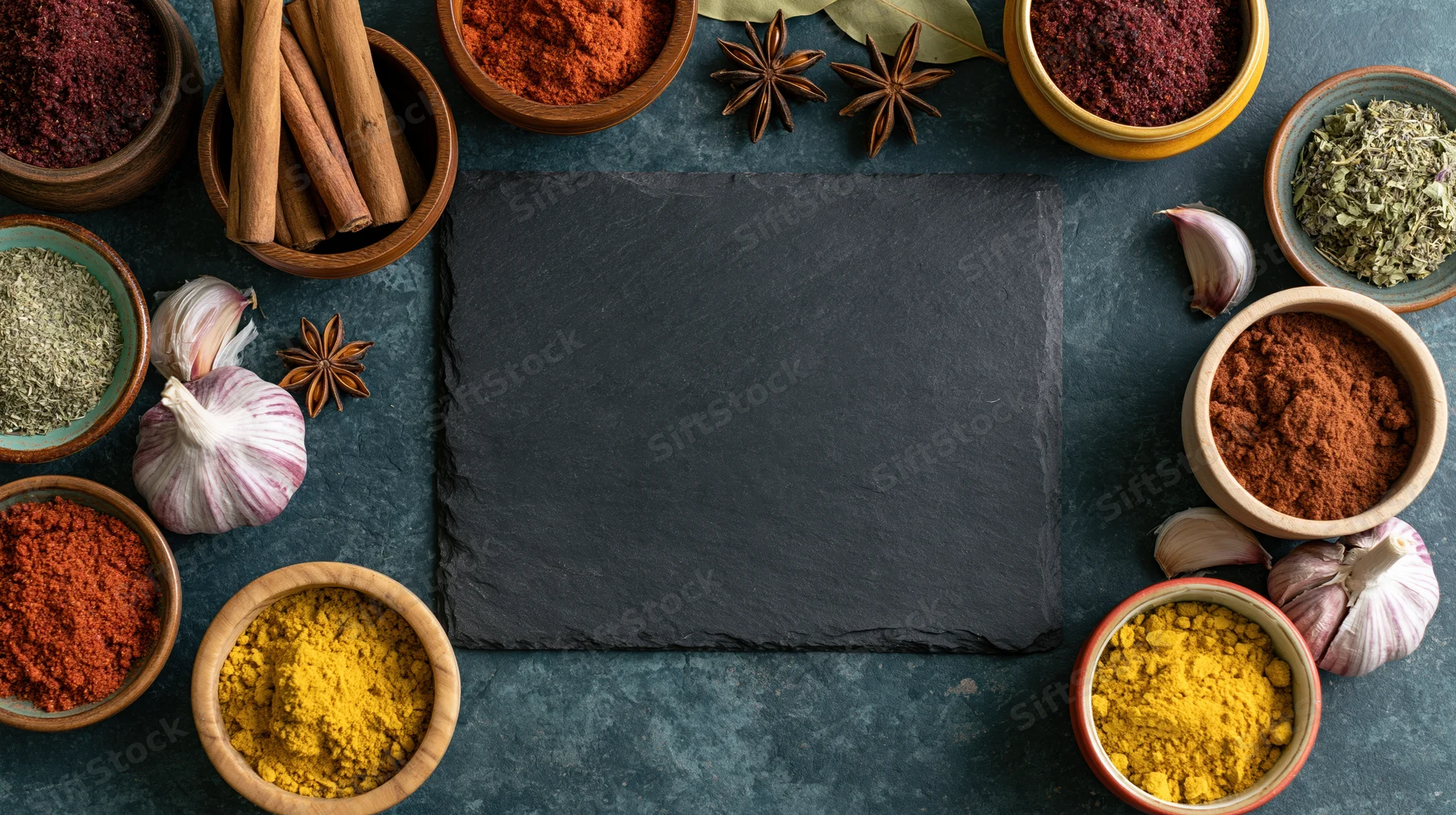 Black slate board centered on dark textured stone surface surrounded by bowls of spices and garlic in flat lay arrangement
