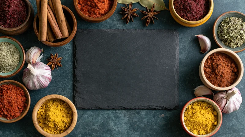 Black slate board centered on dark textured stone surface surrounded by bowls of spices and garlic in flat lay arrangement