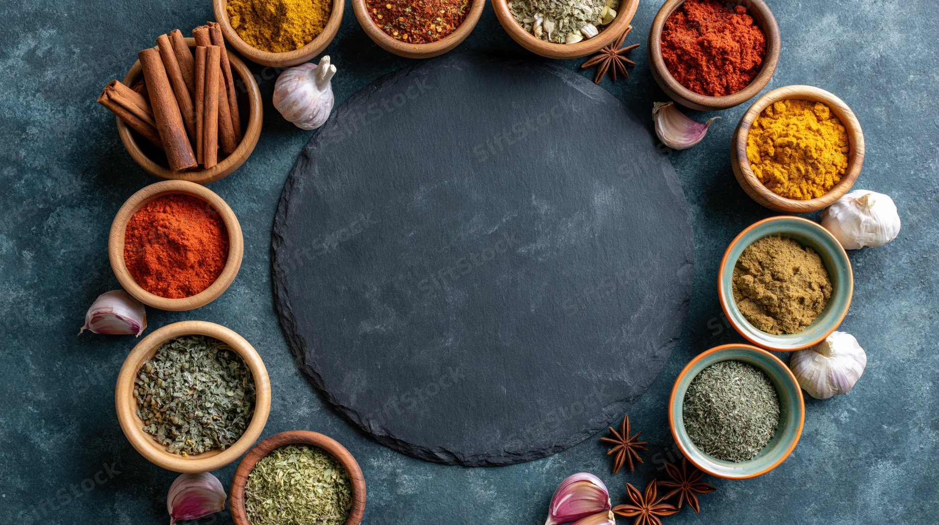 Circular arrangement of spices and herbs in bowls around a black slate board on dark stone surface