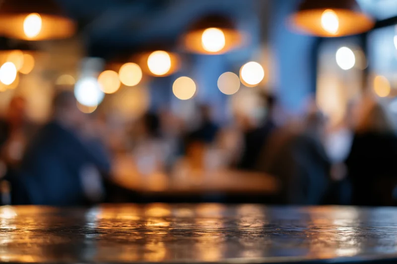 Empty dark wooden bar counter in foreground with blurred background of people and warm lights