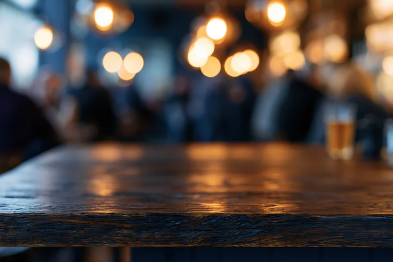 Dark wooden bar counter in foreground with blurred patrons and warm lights in background