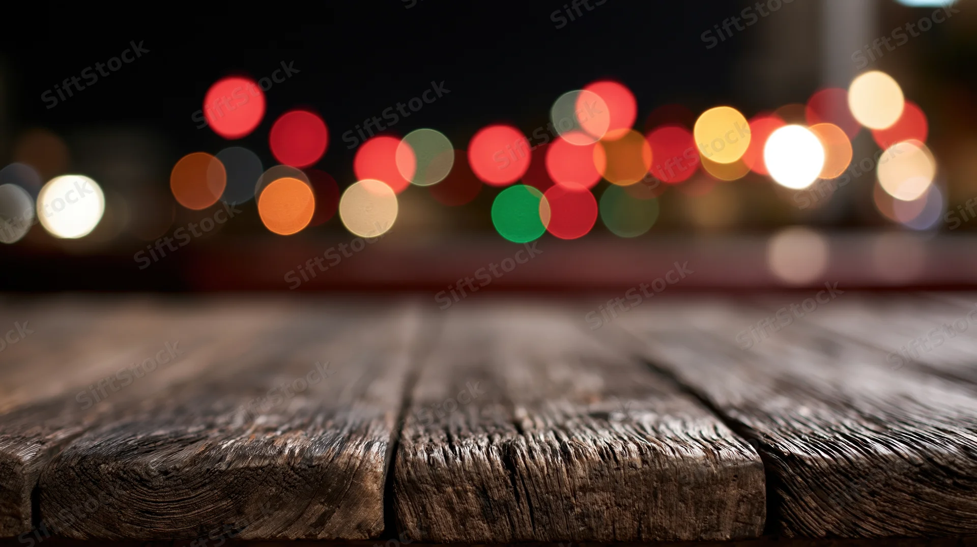 Weathered wooden table surface in foreground with blurred city lights at night
