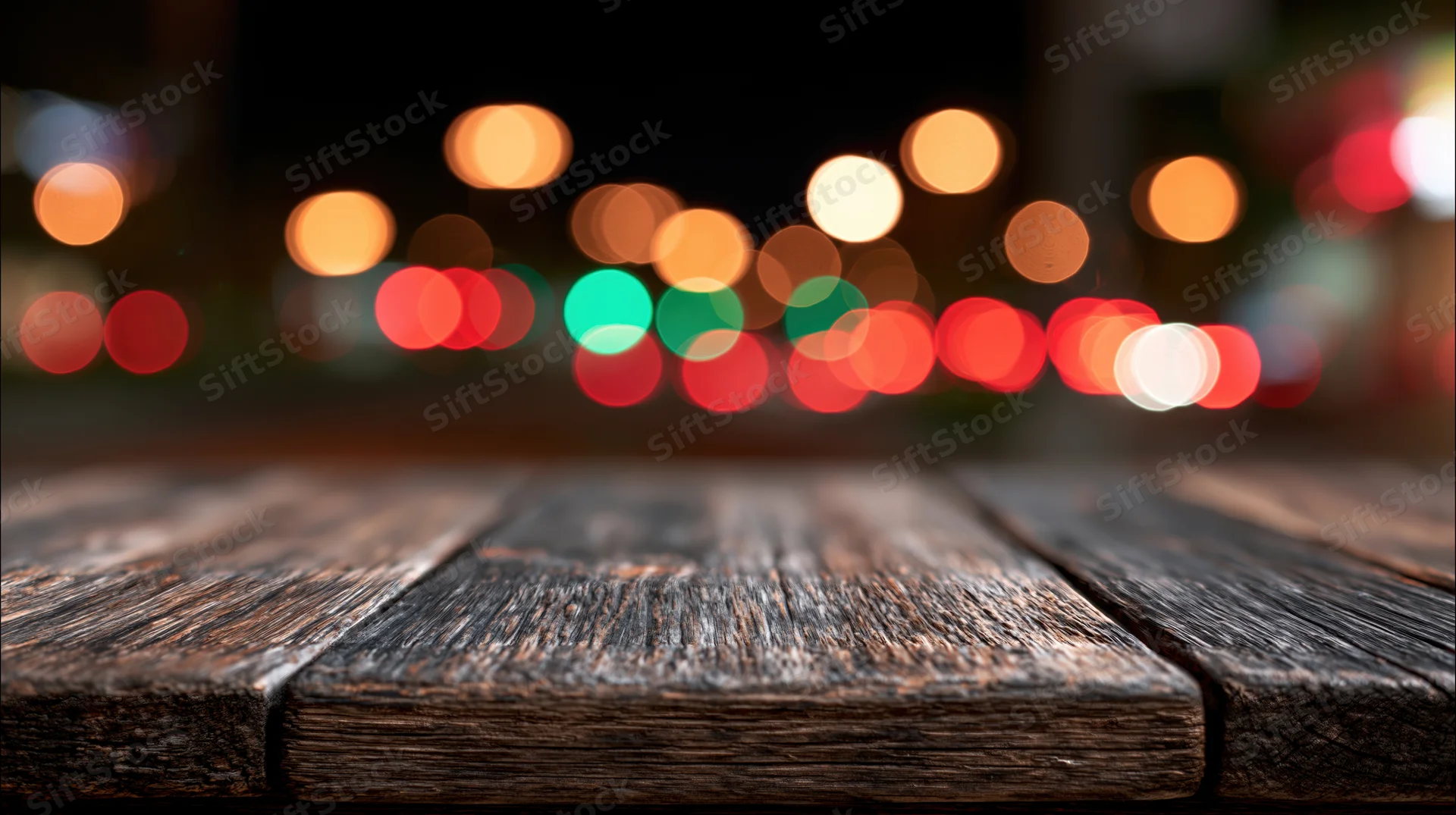 Weathered wooden table surface in foreground with blurred city lights at night