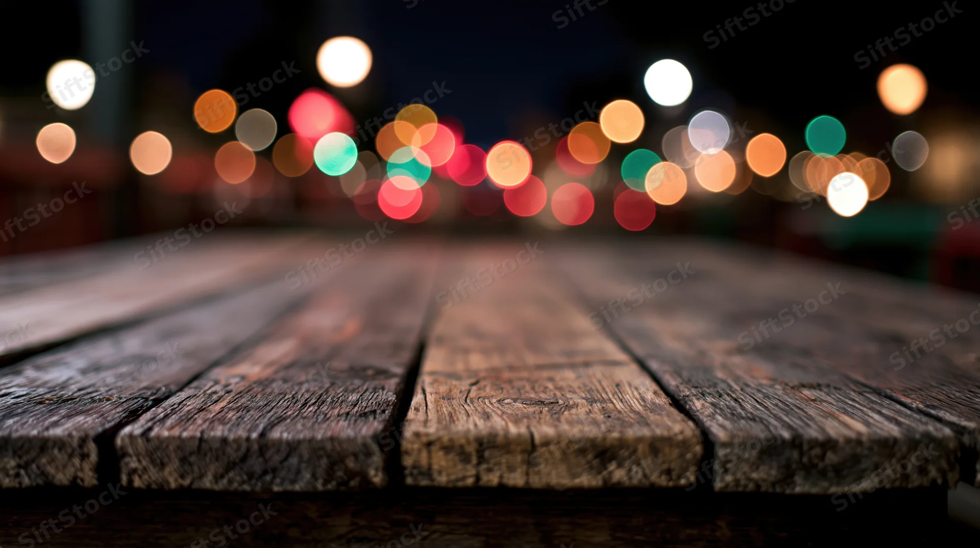 Weathered wooden table surface in foreground with blurred city lights at night