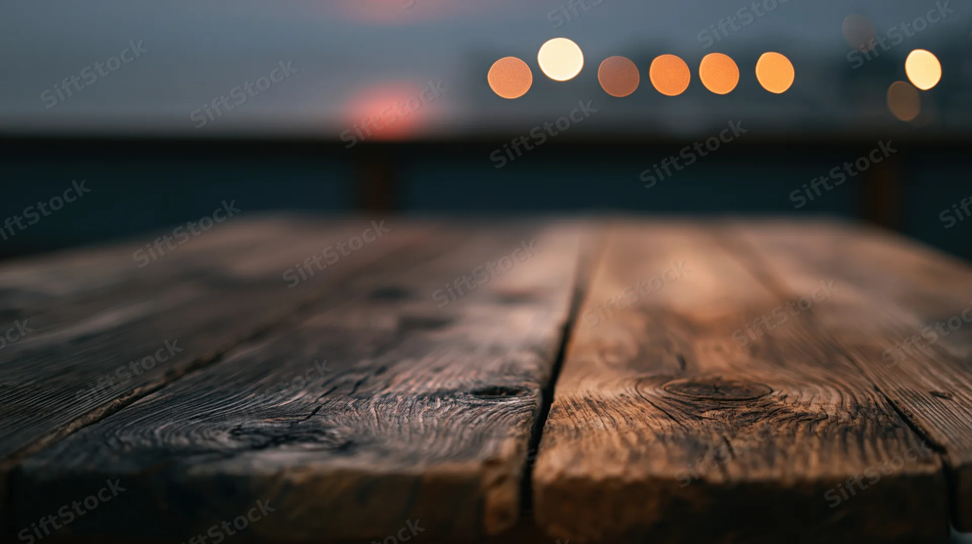 Rustic wooden tabletop in foreground with blurred city lights in background at twilight