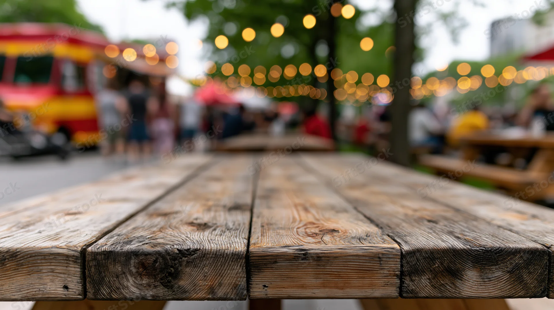 Worn wooden picnic table surface in sharp focus with blurred festival background