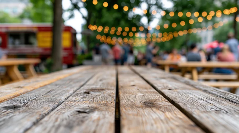Worn wooden picnic table surface in sharp focus with blurred outdoor dining area and string lights in background