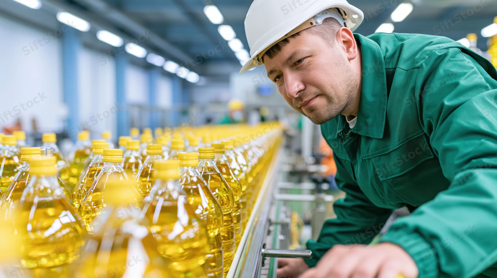 Factory worker inspecting bottles on conveyor line in production facility