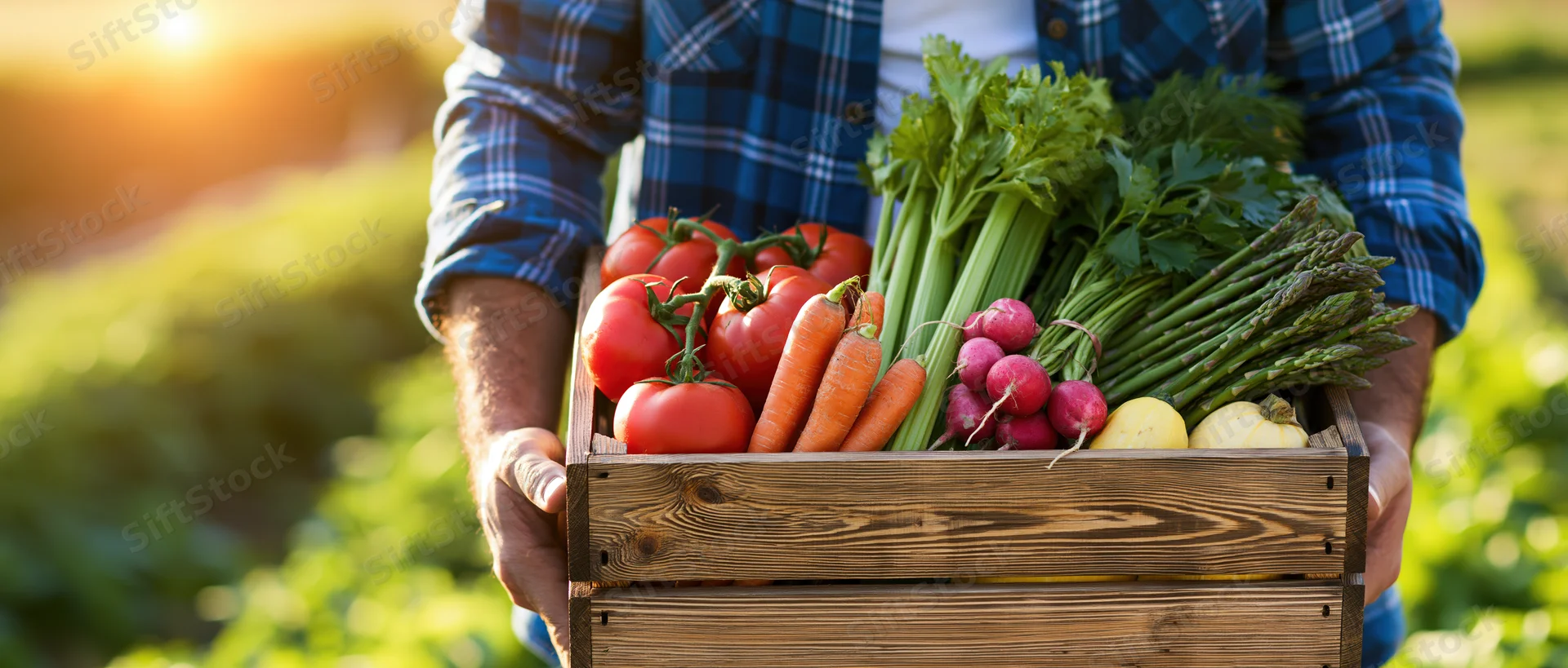 Farmer holding wooden crate filled with fresh vegetables in a sunlit garden