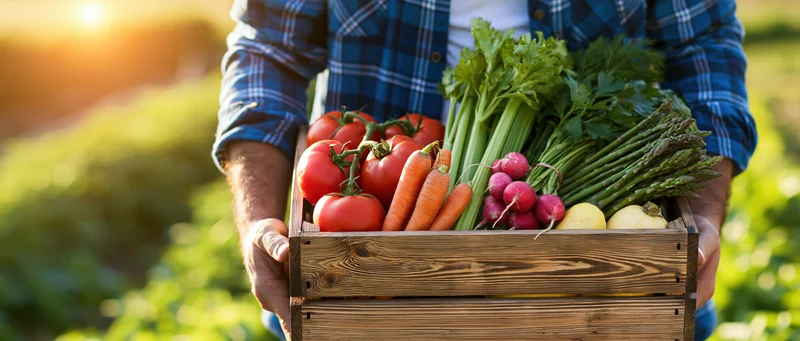 Farmer holding wooden crate filled with fresh vegetables in a sunlit garden