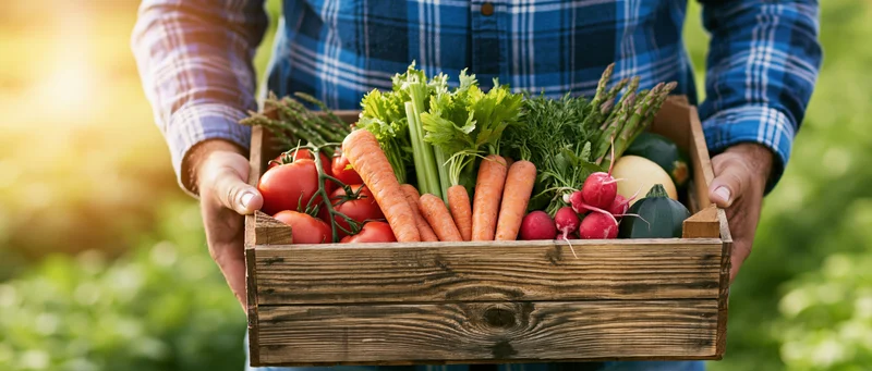 Farmer holding wooden crate filled with fresh vegetables in outdoor field