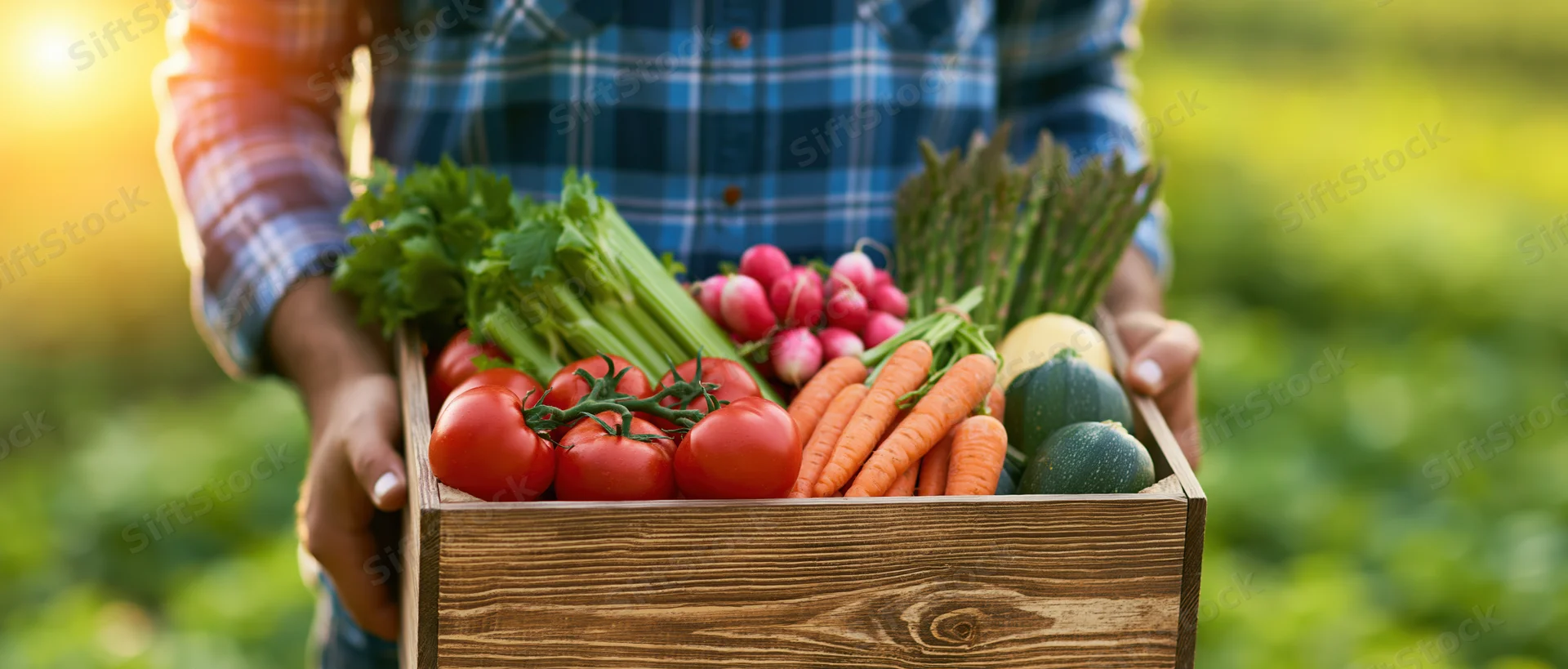 Farmer holding wooden crate filled with fresh vegetables in a field at sunset