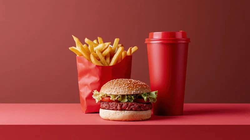Hamburger with french fries and soft drink arranged on red surface