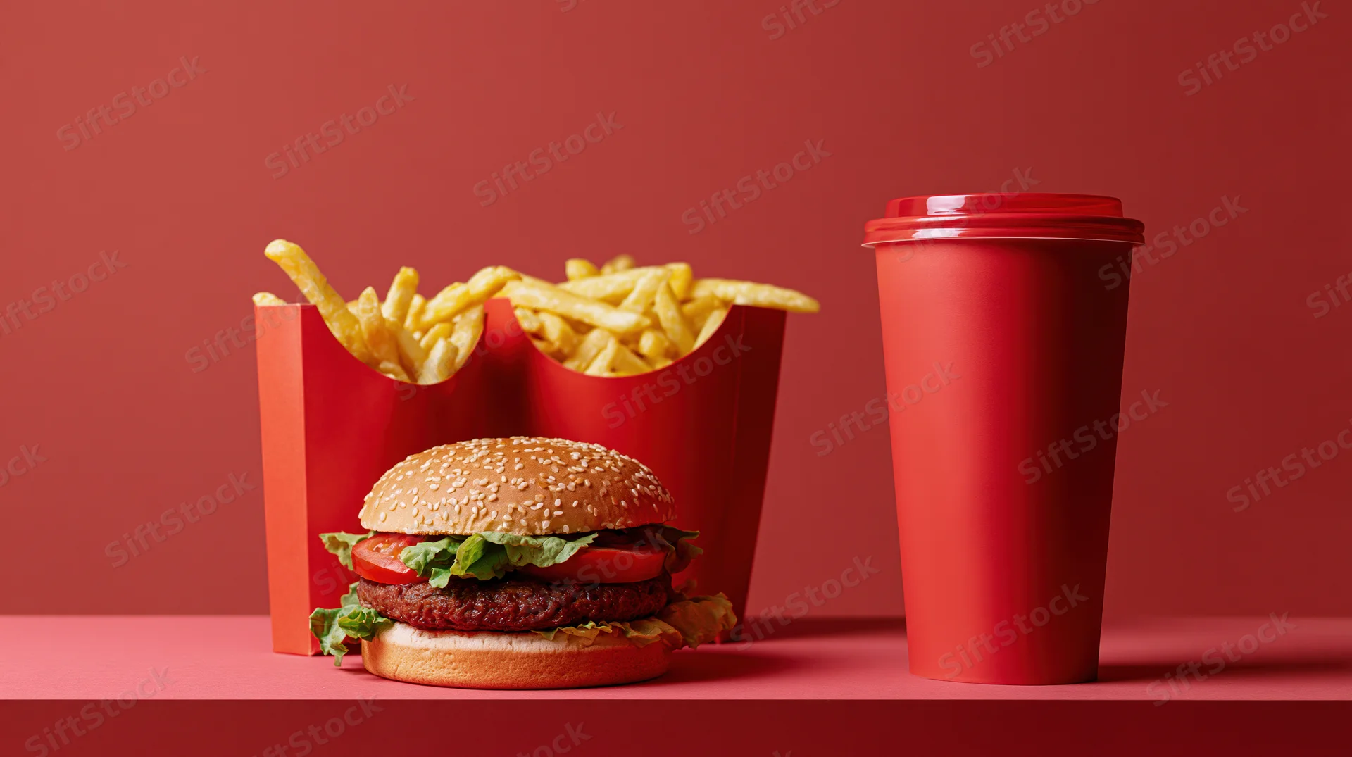 Fast food combo meal with burger, fries and soda arranged on a red surface