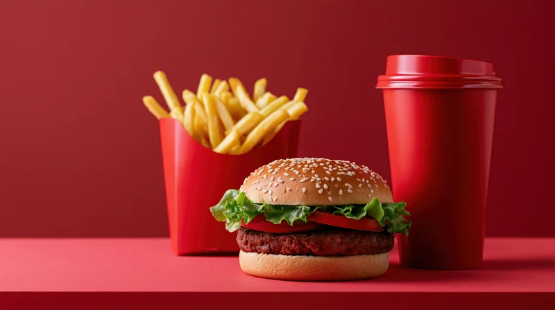 Burger with fries and soda arranged on a red surface