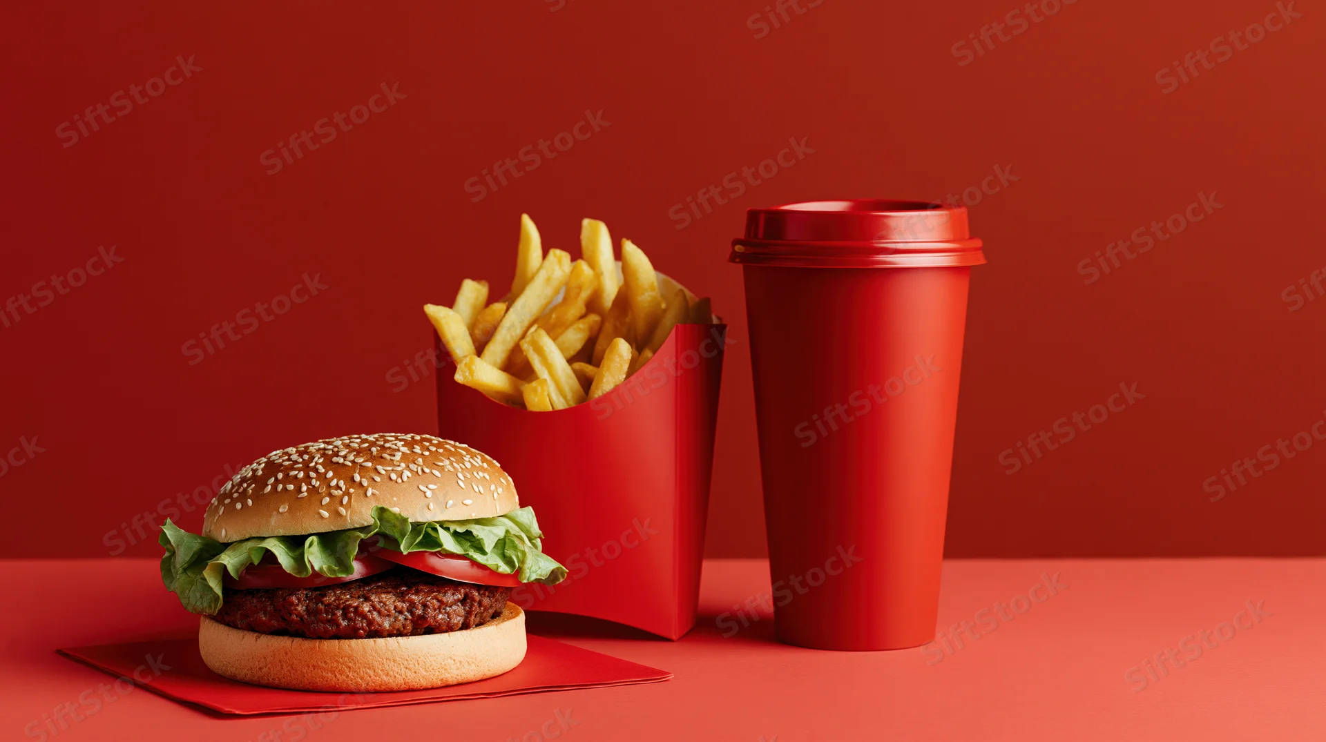 Burger with fries and soda arranged on a red surface