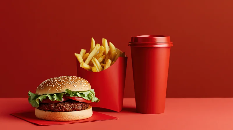 Burger with fries and soda arranged on a red surface